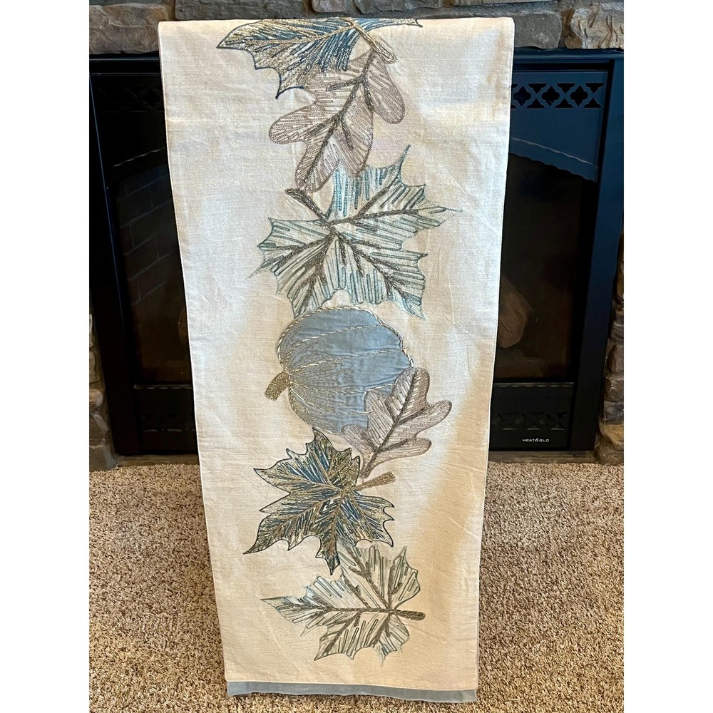 Nicole Miller Home Pumpkin Table Runner 74x16 Blue Velvet Metallic Thread Fall